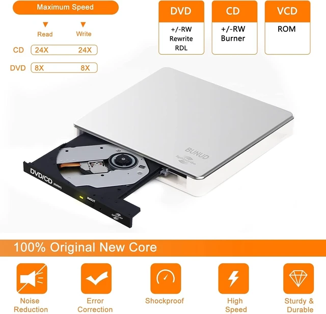 Alt view image 10 of 14 - External CD DVD Drive LightScribe CD/DVD +/-RW Burner Player Writer Optical Disk Reader Portable CD DVD Drive for Laptop Mac MacBook PC Windows 11 10 Linux OS