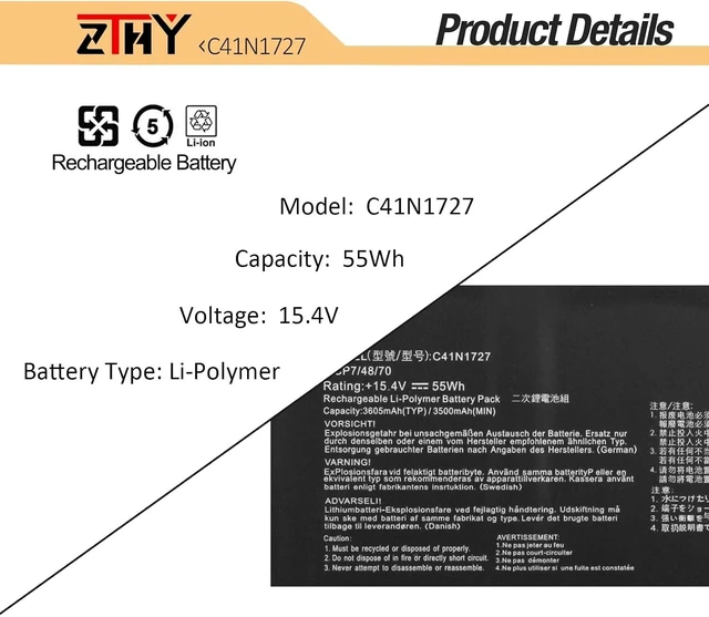 Alt view image 10 of 14 - ZTHY C41N1727 Laptop Battery Replacement for Asus Zephyrus M GM501 GM501G GM501GM GM501GS ROG GU501 GU501G GU501GM GM501G-SEI006T GM501GS-EI015T GU501GM-BI7N8 GM501GM-EI005T GM501GS-EI003T 15.4V 55Wh