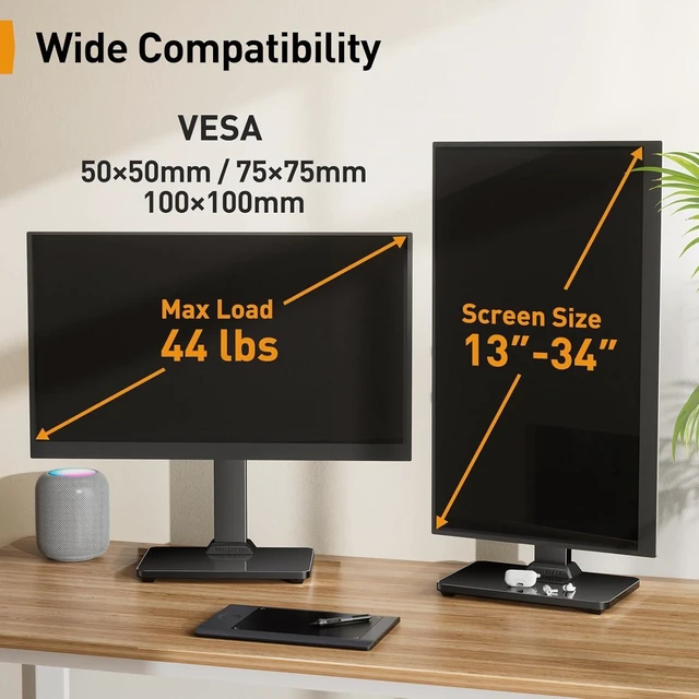 Alt view image 13 of 14 - Perlegear Monitor Stand, Freestanding Monitor Mount for 13-34 inch Screens with 360 Degree Rotation, 5 Height Settings, Adjustable Monitor Desk Riser with Swivel and Tilt, Max VESA 100x100mm, PGTVS29