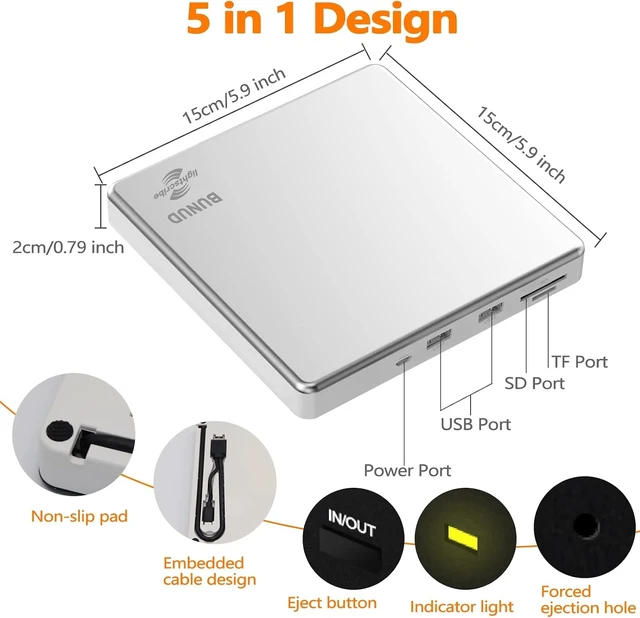 Alt view image 11 of 14 - External CD DVD Drive LightScribe CD/DVD +/-RW Burner Player Writer Optical Disk Reader Portable CD DVD Drive for Laptop Mac MacBook PC Windows 11 10 Linux OS