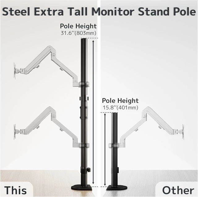 Alt view image 11 of 14 - Steel Extra Tall 2-Section Monitor Stand Pole - 31.6 inches Sturdy Center Pole Only for Monitor Arm Mounts, Adjustable Height, Compatible with C-Clamp & Grommet Bases,Black