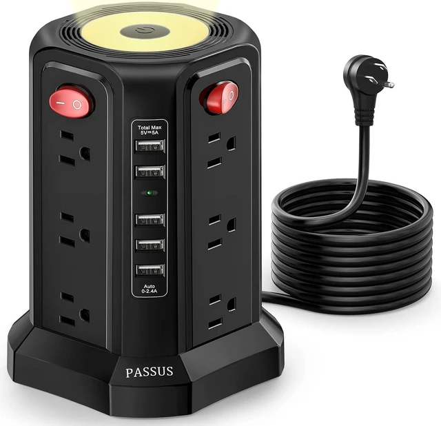 Alt view image 7 of 12 - Surge Protector Power Strip Tower with 5 USB Ports and Night Light,10FT Extension Cord with 12 AC Multiple Outlets, PASSUS Power Tower Overload Protection for Home Office Dorm Room Essentials(Black)