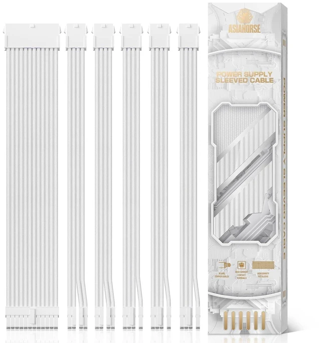 Alt view image 8 of 13 - AsiaHorse Power Supply Sleeved Cable, 16 AWG PSU Extension Cable Kit of White Connector, 1x24Pin/2x4+4 EPS/3x6+2 PCI-E, 30cm Length with Combs-White