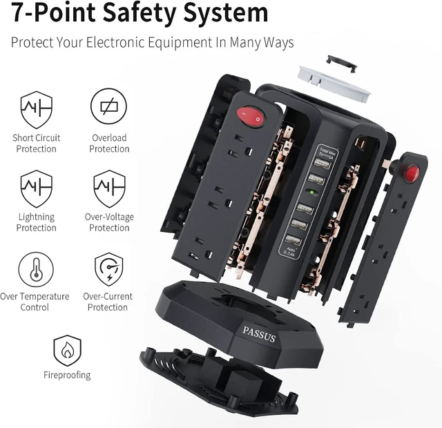 Alt view image 10 of 12 - Surge Protector Power Strip Tower with 5 USB Ports and Night Light,10FT Extension Cord with 12 AC Multiple Outlets, PASSUS Power Tower Overload Protection for Home Office Dorm Room Essentials(Black)