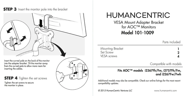 Alt view image 7 of 8 - HumanCentric VESA Mount Adapter Bracket Compatible with AOC i2367Fh/Fm/F, i2757Fh/Fm, i2067f, and i2267Fw/Fwh