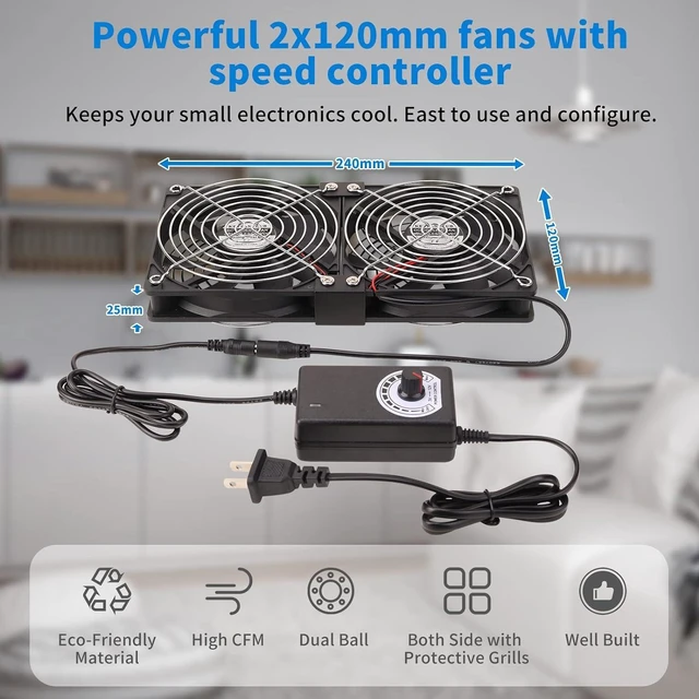Alt view image 9 of 12 - Dual 120mm High CFM Computer Fans with AC Plug, AC 110V - 240V Variable Speed Fan, Cooling for Server Closet Cabinet Mining Machine Chassis Workstation
