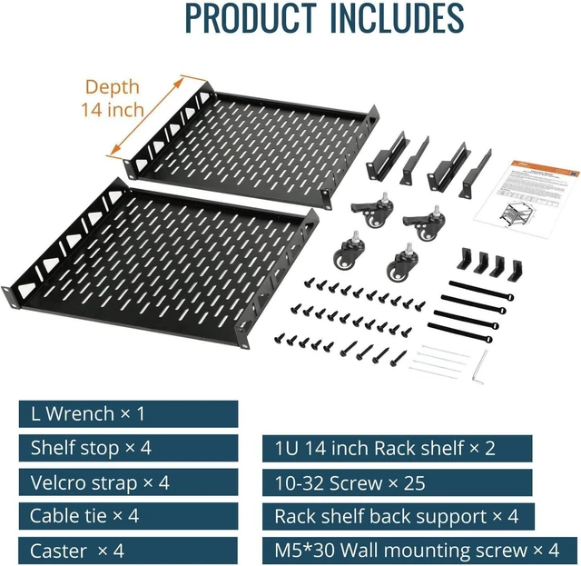 Alt view image 12 of 12 - 12U Open Frame Network Rack for Servers&AV Gear, Server Rack 4-Post with casters, Mobile Server Rack with 2 PCS 1U Server Rack Shelf & Mounting Hardware, AV Rack for 19" Network/Servers/Audio