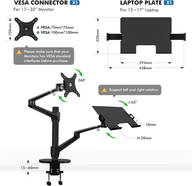 Alt view image 10 of 14 - Viozon Monitor and Laptop Mount, 2-in-1 Adjustable Dual Arm Desk Mounts Single Desk Arm Stand/Holder for 17 to 32 Inch LCD Computer Screens, Extra Tray Fits 12 to 17 inch Laptops (Black)