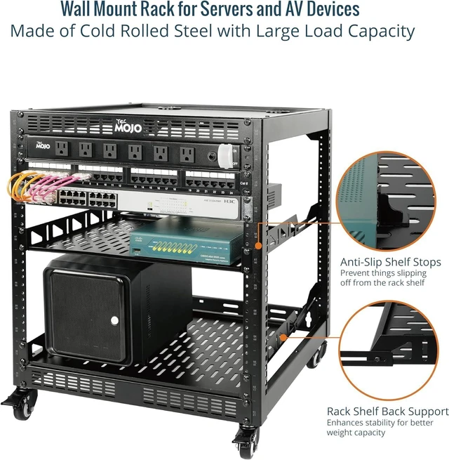 Alt view image 9 of 12 - 12U Open Frame Network Rack for Servers&AV Gear, Server Rack 4-Post with casters, Mobile Server Rack with 2 PCS 1U Server Rack Shelf & Mounting Hardware, AV Rack for 19" Network/Servers/Audio