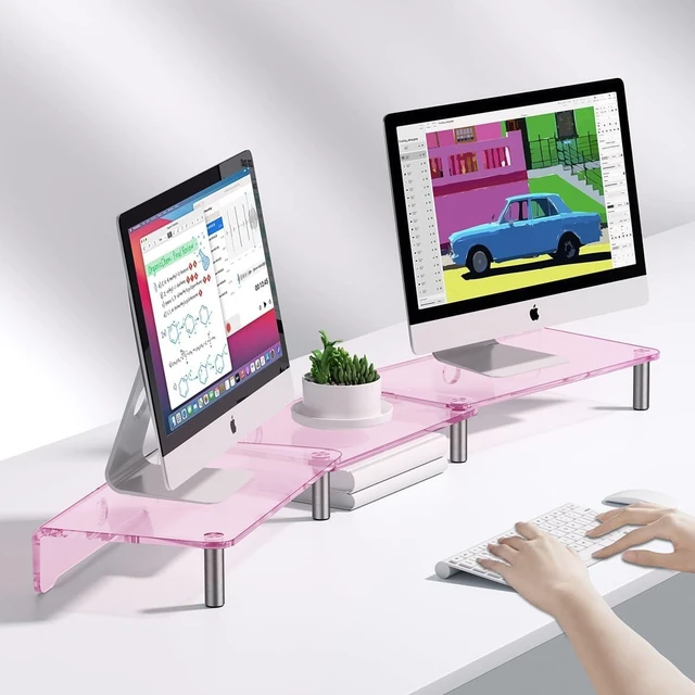 Alt view image 9 of 12 - dual monitor stand riser, 3-layer pink acrylic monitor stand with anti slip pad, adjustable length and angle, suitable for 2 monitors, desktop, laptop, PC, printer, TV screen (Pink acrylic)