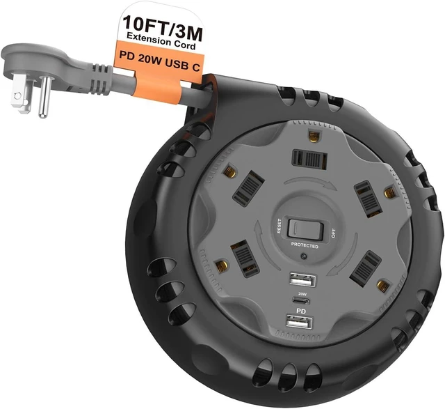 Alt view image 8 of 14 - Retractable Power Strip Extension Cord Reel with USB C PD 20W, Flat Plug Travel Power Strip Surge Protection with 5 AC 3 USB Ports, 10FT Travel Extension Cord Portable Outlet, Black Grey