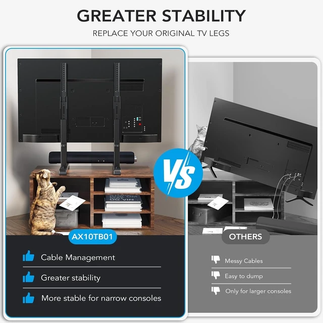 Alt view image 11 of 12 - Universal TV Stand, Table Top TV Stand Base Replacement for Most 37 to 86 Inch LCD LED TVs, 7 Height Adjustable TV Legs with Cable Management Hold up to 150lbs, Max VESA 800x600mm, Black AX10TB01