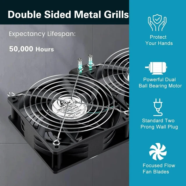 Alt view image 14 of 14 - GDSTIME Dual 120mm x 38mm Computer Fan with AC Plug, AC 110V-240V Variable Speed Fan 240mm for DIY Cooling Mining Rig Server Case Grow Rack AV Cabinets Room to Room Basement Garage Ventilation Exhaust