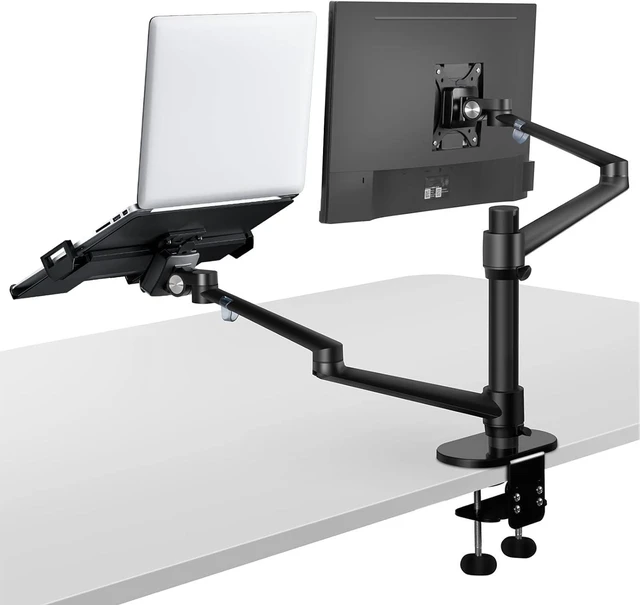 Alt view image 8 of 14 - Viozon Monitor and Laptop Mount, 2-in-1 Adjustable Dual Arm Desk Mounts Single Desk Arm Stand/Holder for 17 to 32 Inch LCD Computer Screens, Extra Tray Fits 12 to 17 inch Laptops (Black)