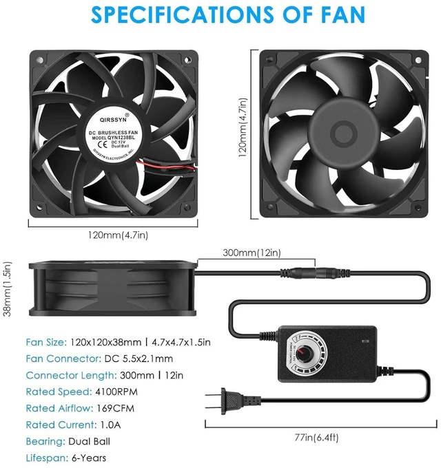Alt view image 8 of 12 - High cfm Computer Fan 120mm x 38mm 110V 220V AC Powered Variable Speed Fan Cooling Components for Receiver Xbox DVR Playstation Mining Rig Case Server Cabinet Grow Tent GPU Workstations