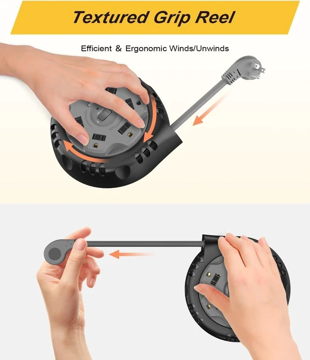 Alt view image 13 of 14 - Retractable Power Strip Extension Cord Reel with USB C PD 20W, Flat Plug Travel Power Strip Surge Protection with 5 AC 3 USB Ports, 10FT Travel Extension Cord Portable Outlet, Black Grey