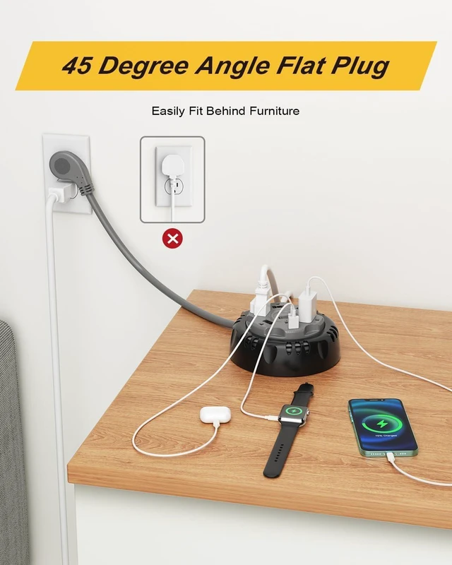 Alt view image 12 of 14 - Retractable Power Strip Extension Cord Reel with USB C PD 20W, Flat Plug Travel Power Strip Surge Protection with 5 AC 3 USB Ports, 10FT Travel Extension Cord Portable Outlet, Black Grey