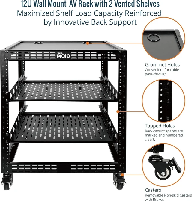 Alt view image 10 of 12 - 12U Open Frame Network Rack for Servers&AV Gear, Server Rack 4-Post with casters, Mobile Server Rack with 2 PCS 1U Server Rack Shelf & Mounting Hardware, AV Rack for 19" Network/Servers/Audio