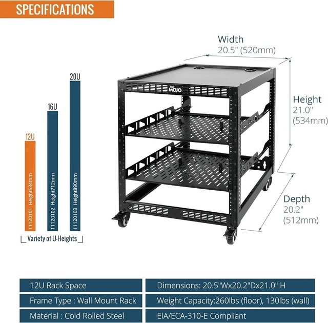 Alt view image 8 of 12 - 12U Open Frame Network Rack for Servers&AV Gear, Server Rack 4-Post with casters, Mobile Server Rack with 2 PCS 1U Server Rack Shelf & Mounting Hardware, AV Rack for 19" Network/Servers/Audio