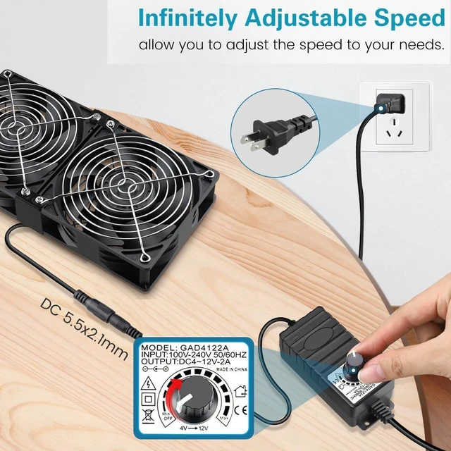 Alt view image 10 of 14 - GDSTIME Dual 120mm x 38mm Computer Fan with AC Plug, AC 110V-240V Variable Speed Fan 240mm for DIY Cooling Mining Rig Server Case Grow Rack AV Cabinets Room to Room Basement Garage Ventilation Exhaust