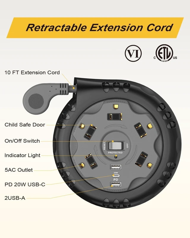 Alt view image 14 of 14 - Retractable Power Strip Extension Cord Reel with USB C PD 20W, Flat Plug Travel Power Strip Surge Protection with 5 AC 3 USB Ports, 10FT Travel Extension Cord Portable Outlet, Black Grey
