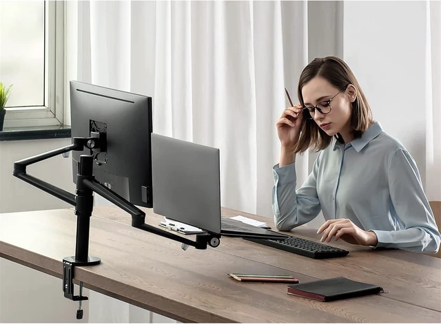 Alt view image 9 of 14 - Viozon Monitor and Laptop Mount, 2-in-1 Adjustable Dual Arm Desk Mounts Single Desk Arm Stand/Holder for 17 to 32 Inch LCD Computer Screens, Extra Tray Fits 12 to 17 inch Laptops (Black)