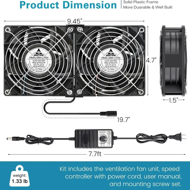 Alt view image 13 of 14 - GDSTIME Dual 120mm x 38mm Computer Fan with AC Plug, AC 110V-240V Variable Speed Fan 240mm for DIY Cooling Mining Rig Server Case Grow Rack AV Cabinets Room to Room Basement Garage Ventilation Exhaust