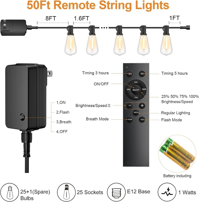 Alt view image 9 of 14 - 50FT Outdoor String Lights with Remote, Garden Patio Decor with 2500K Warm White, 25+1 LED Edison Bulbs, Support Timer Dimmable Waterproof Shatterproof for Yard Outside Porch Deck Indoor