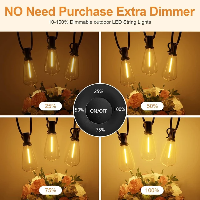Alt view image 11 of 14 - 50FT Outdoor String Lights with Remote, Garden Patio Decor with 2500K Warm White, 25+1 LED Edison Bulbs, Support Timer Dimmable Waterproof Shatterproof for Yard Outside Porch Deck Indoor
