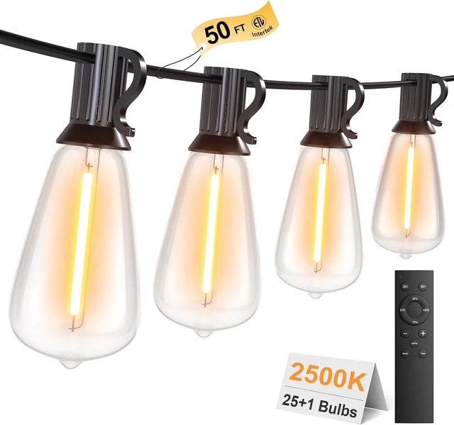 Alt view image 8 of 14 - 50FT Outdoor String Lights with Remote, Garden Patio Decor with 2500K Warm White, 25+1 LED Edison Bulbs, Support Timer Dimmable Waterproof Shatterproof for Yard Outside Porch Deck Indoor
