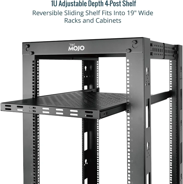 Alt view image 9 of 10 - Tecmojo 1U Sliding Rack Shelf,4-Post Vented Rack Mount Shelf,21.7in Deep with Adjustable Mounting Depth 21.7-35.4in,Supports to 110lbs,for 19 Inch AV/Network Equipment Rack,Unassembled,Black