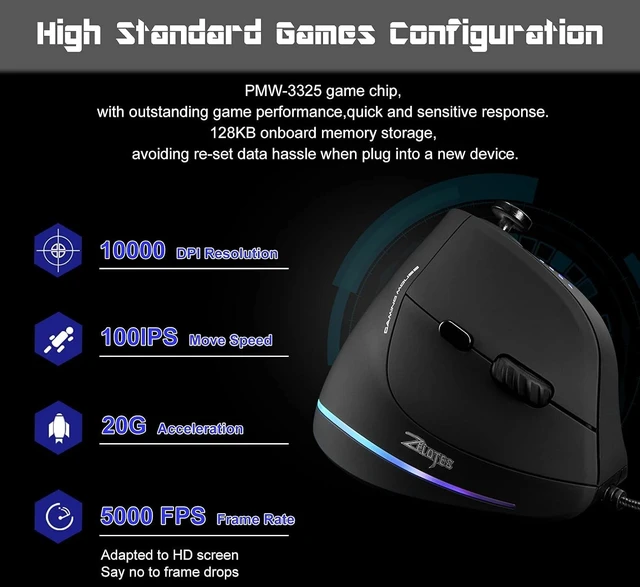 Alt view image 10 of 12 - TRELC Gaming Mouse with 5 D Rocker, Ergonomic Mouse with 10000 DPI/11 Programmable Buttons, RGB Vertical Gaming Mice Wired for PC/Laptop/E-Sports/Gamer (Black)