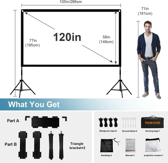 Alt view image 8 of 12 - Projector Screen and Stand, Towond 120 inch Portable Movie Screen Indoor Outdoor 16:9 4K HD Front Rear Projection Screen with Carry Bag Wrinkle-Free and Foldable Design for Backyard Movie Night