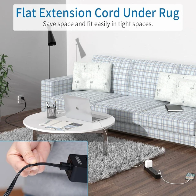 Alt view image 9 of 13 - Flat Extension Cord 15 Ft, NTONPOWER Ultra Thin Under Carpet, Rug, Door, Wall Mount Power Strip Plug with 4 Outlets 2 USB, Overload Protection for Indoor Home Office, Black