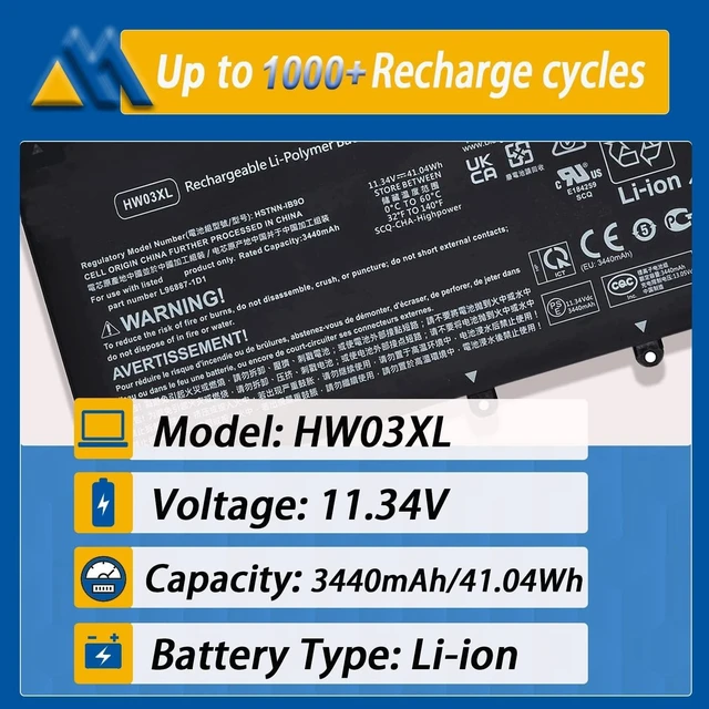 Alt view image 9 of 14 - 41.04Wh HW03XL L97300-005 Laptop Battery Replacement for HP Pavilion 15-EG 15-eg0xxx 15-eg0073cl 15-eg0070wm 15-EH 17-CN 17-cn0xxx 17-CP 17-cpo700dx Series L96887-421 l97300-005 HW03041xl-pl