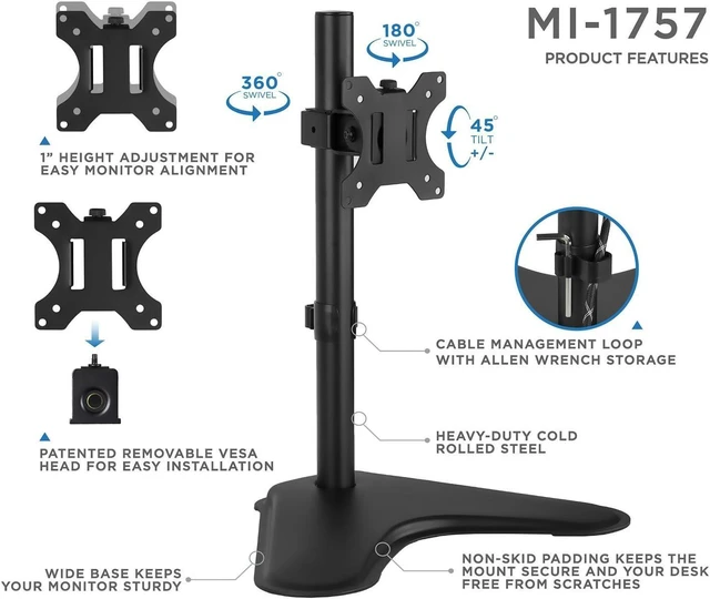 Alt view image 13 of 14 - Mount-It! Free Standing Monitor Stand for Desktops | Single Monitor Mount | VESA 75 100 Compatible Displays | Height Adjustable Tilt Swivel Rotating | Fits 21.5 23 24 27 28 29 32 Inch Computer Screen