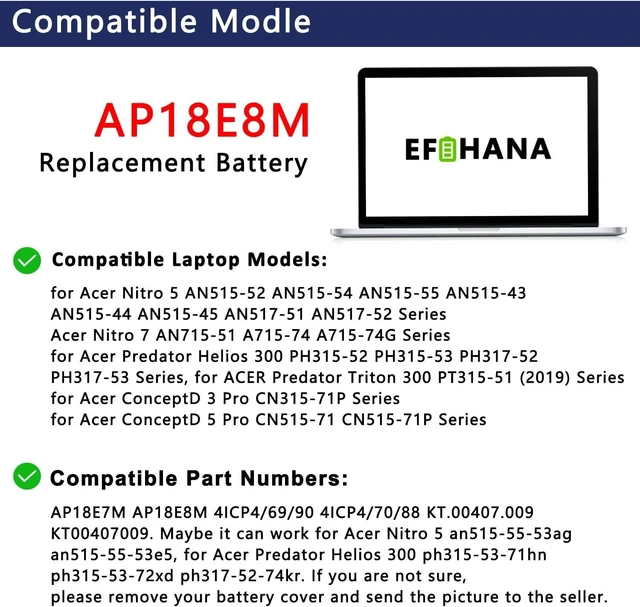 Alt view image 9 of 12 - AP18E8M AP18E7M Battery for Acer Nitro 5 AN515-55 AN515-52 AN515-44 AN515-43 AN515-45 AN515-44-R99Q AN517-52 AN517-55 Nitro 7 AN715-51 Aspire 7 A715-74G-7511 Predator Helios 300 PH315-52 PH315-53
