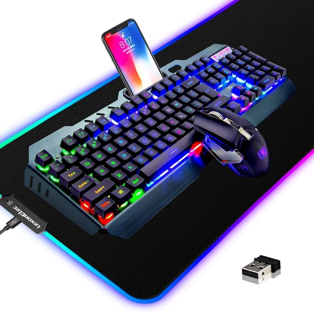 Alt view image 8 of 14 - Wireless Gaming Keyboard and Mouse Combo,3 in 1 Rainbow LED Rechargeable Keyboard Mouse with 3800mAh Battery Metal Panel,10 Colors RGB Gaming Mouse Pad (32.5x12x0.15 inch),7 Colors Mute Gaming Mouse