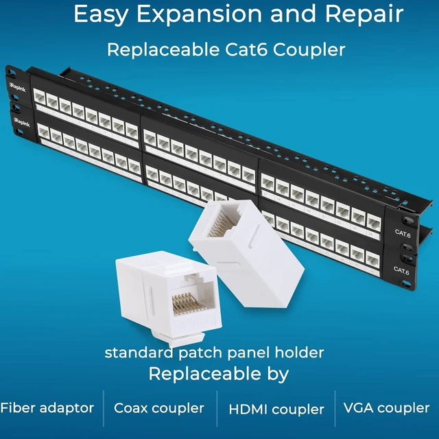 Alt view image 9 of 12 - Patch Panel 48 Port Cat6 with White Inline Keystone 10G Support, Pass-Thru Coupler Patch Panel UTP 19-Inch with Removable Back Bar, 1U Network Patch Panel for Cat6, Cat5e, Cat5 Cabling