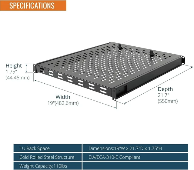 Alt view image 8 of 10 - Tecmojo 1U Sliding Rack Shelf,4-Post Vented Rack Mount Shelf,21.7in Deep with Adjustable Mounting Depth 21.7-35.4in,Supports to 110lbs,for 19 Inch AV/Network Equipment Rack,Unassembled,Black