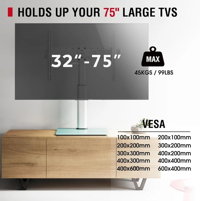 Alt view image 12 of 14 - Swivel Universal TV Stand for 32-75 inch TVs with Tilt Down/Up, 8 Levels Height Adjustable Table Top TV Mount Stand with Stable Heavy Duty Tempered Glass Base, MAX VESA 600x400 mm up to 99lbs, White