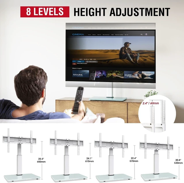 Alt view image 11 of 14 - Swivel Universal TV Stand for 32-75 inch TVs with Tilt Down/Up, 8 Levels Height Adjustable Table Top TV Mount Stand with Stable Heavy Duty Tempered Glass Base, MAX VESA 600x400 mm up to 99lbs, White