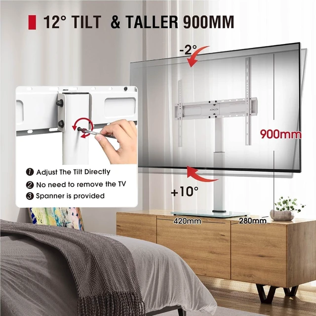 Alt view image 10 of 14 - Swivel Universal TV Stand for 32-75 inch TVs with Tilt Down/Up, 8 Levels Height Adjustable Table Top TV Mount Stand with Stable Heavy Duty Tempered Glass Base, MAX VESA 600x400 mm up to 99lbs, White