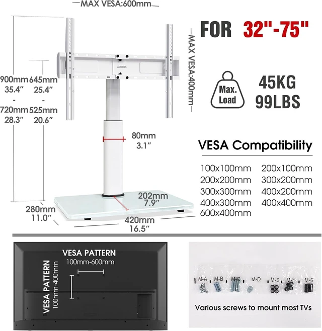 Alt view image 14 of 14 - Swivel Universal TV Stand for 32-75 inch TVs with Tilt Down/Up, 8 Levels Height Adjustable Table Top TV Mount Stand with Stable Heavy Duty Tempered Glass Base, MAX VESA 600x400 mm up to 99lbs, White