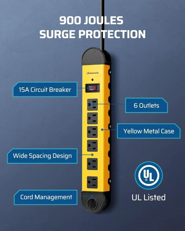 Alt view image 9 of 14 - DEWENWILS Metal Power Strip, 6-Outlet Heavy Duty Surge Protector with 15FT Long Cord, UL Listed, 14AWG/3C, 15A Circuit Breaker, 900 Joules, Low Profile Flat Plug, Wall Mountable