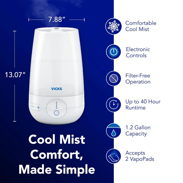 Alt view image 11 of 14 - Filter-Free Plus Cool Mist Humidifier for Medium Rooms, 1.2 Gal Tank | Filter-free cool mist ultrasonic humidifier for baby, kids, and adult rooms, works with VapoPads, easy clean humidifier