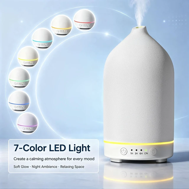 Alt view image 13 of 13 - 200ML Ceramic Essential Oil Diffuser for Home, Stone Diffuser | Ultrasonic Aromatherapy Diffuser & Air Humidifier for Bedroom, Office, Yoga, 7 LED Lights, Auto Shut-Off, 3 Timers, White