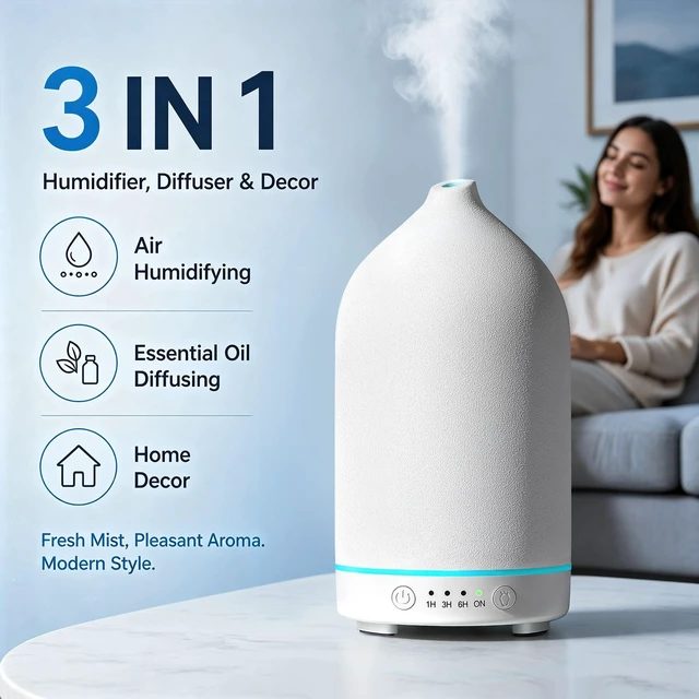 Alt view image 10 of 13 - 200ML Ceramic Essential Oil Diffuser for Home, Stone Diffuser | Ultrasonic Aromatherapy Diffuser & Air Humidifier for Bedroom, Office, Yoga, 7 LED Lights, Auto Shut-Off, 3 Timers, White