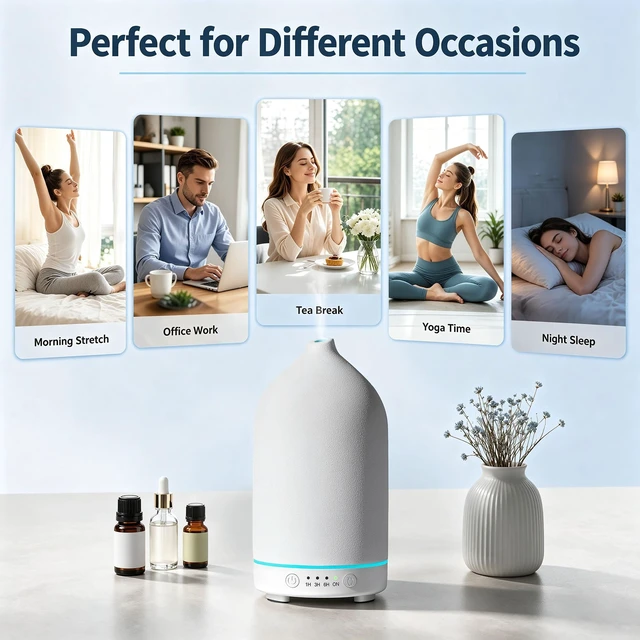 Alt view image 12 of 13 - 200ML Ceramic Essential Oil Diffuser for Home, Stone Diffuser | Ultrasonic Aromatherapy Diffuser & Air Humidifier for Bedroom, Office, Yoga, 7 LED Lights, Auto Shut-Off, 3 Timers, White
