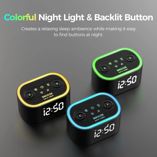 Alt view image 14 of 14 - Digital Alarm Clock & White Noise Sound Machine for Bedroom | 21 soothing sounds, 7 wake-up sounds, 8 color night lights, adjustable volume, sleep timer, memory function for kids, teens